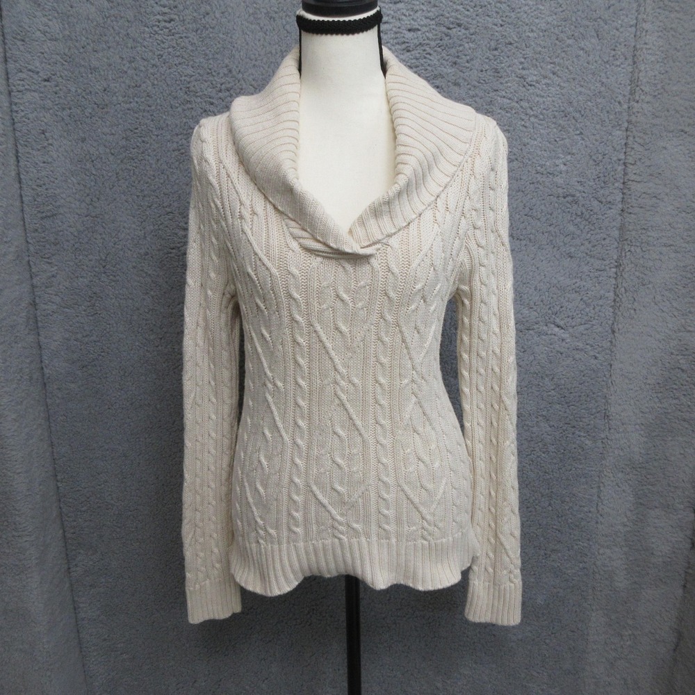 Wainscott Sweater Womens Medium White Cowl Neck Cable Knit Pullover Long Sleeve